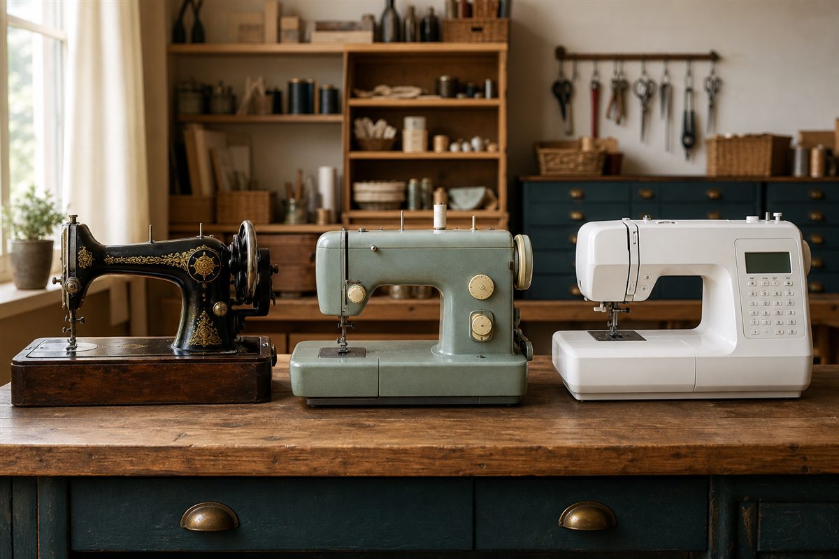 Vintage, mechanical, and modern sewing machines lined up in a workshop