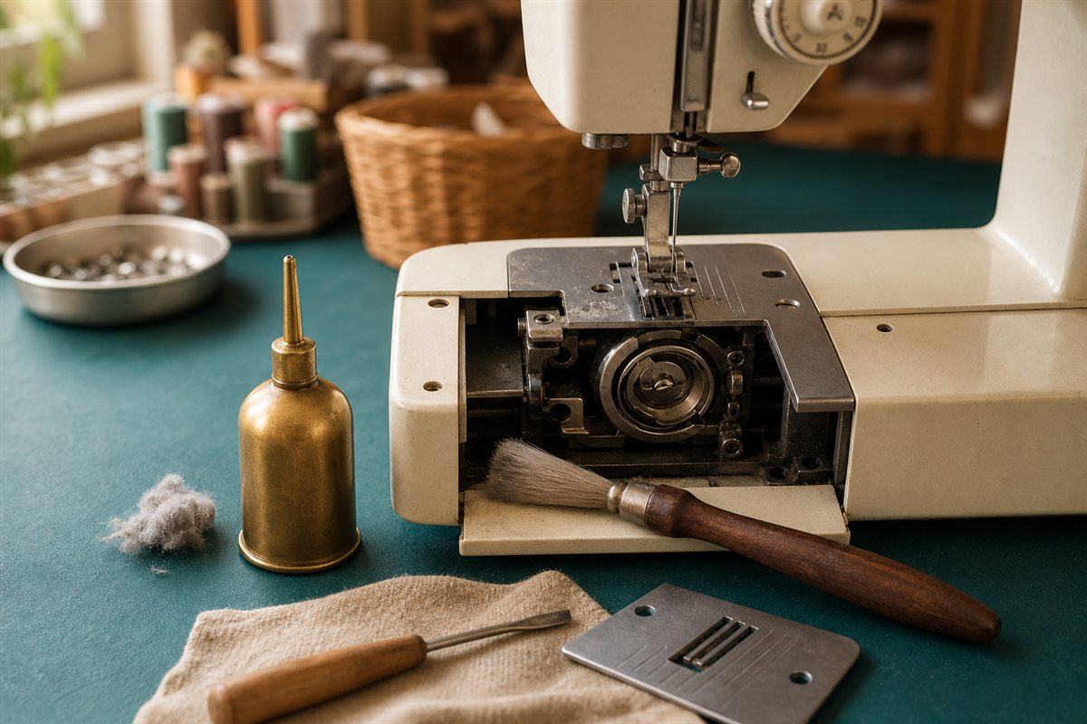 Sewing machine needle and bobbin area prepared for cleaning and tune-up