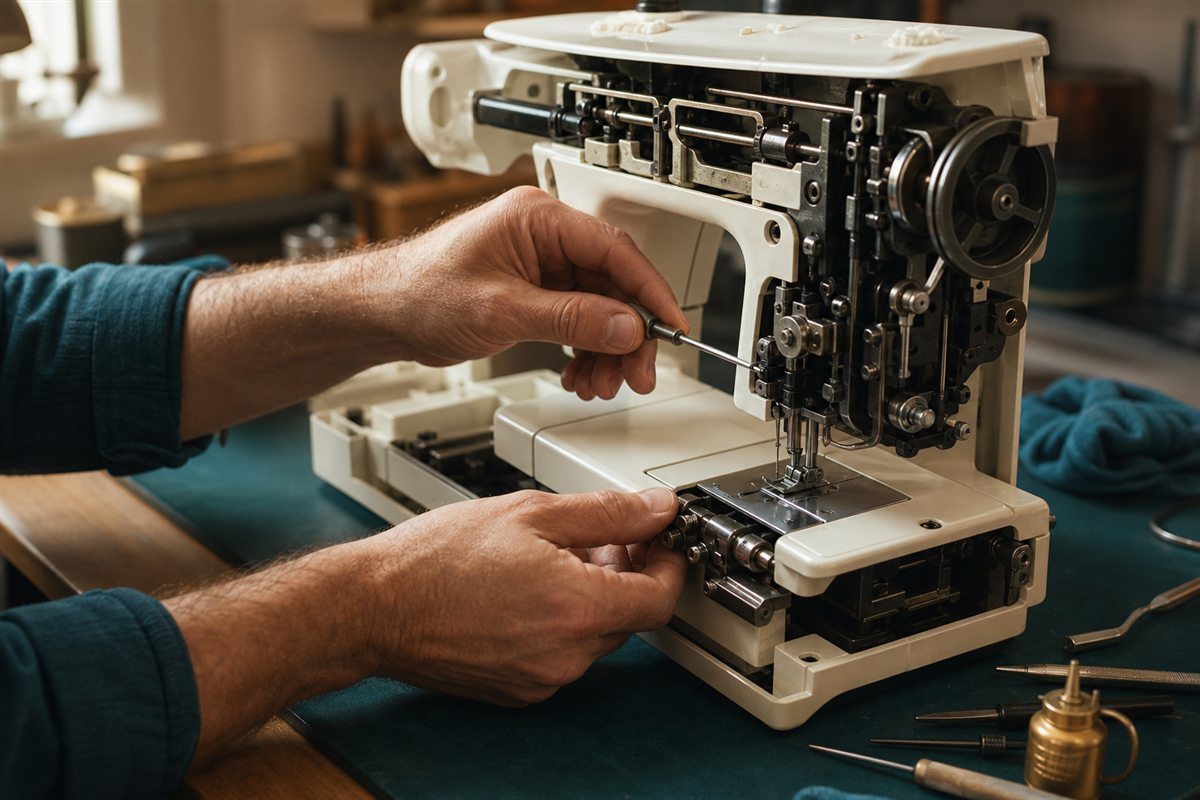 Sewing machine being carefully repaired on a workshop bench